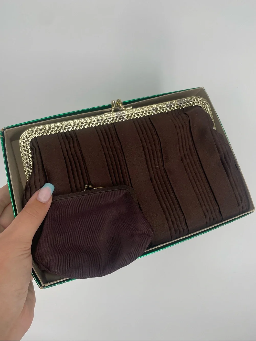 Vintage La Regale Double Chain Handle Brown Pintucked Evening Bag W Coin Purse